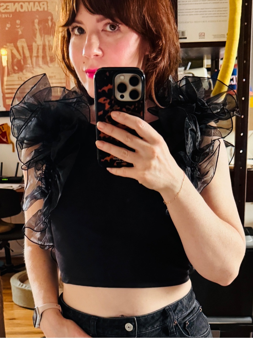Free People Black Ruffled Organza Shoulder House Party Crop Top Open Back - Picture 5 of 9